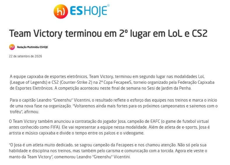 Print da matéria: Team Victory terminou em 2º lugar em LoL e CS2
