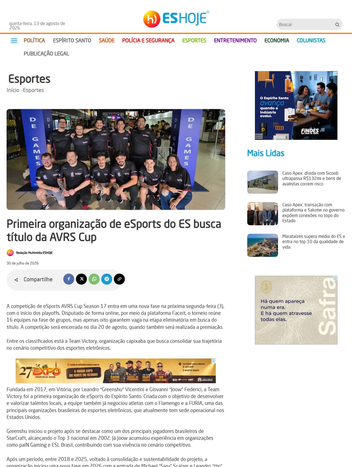 Print da matéria: Primeira organização de eSports do ES busca título da AVRS Cup