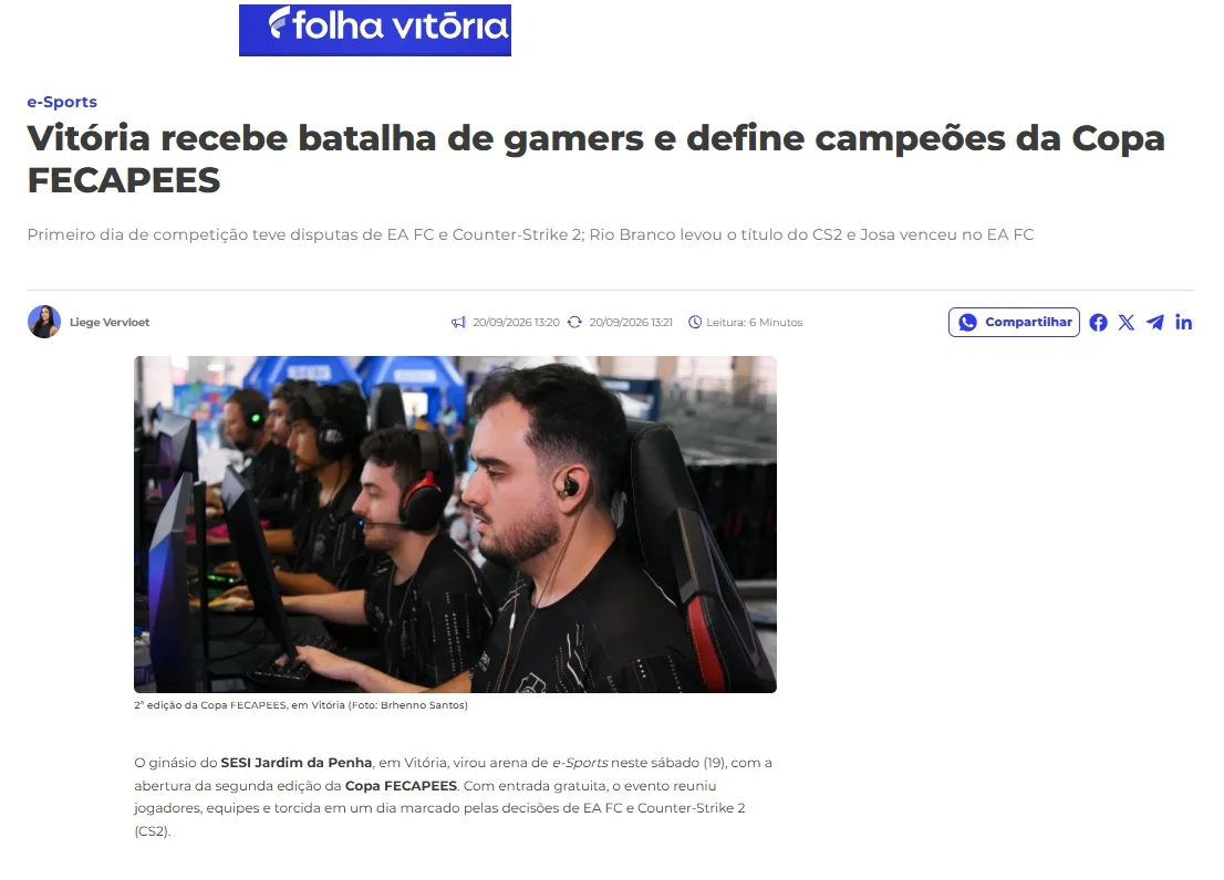 Print da matéria: Vitória recebe batalha de gamers e define campeões da Copa FECAPEES