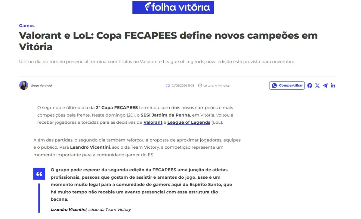 Print da matéria: Valorant e LoL: Copa FECAPEES define novos campeões em Vitória