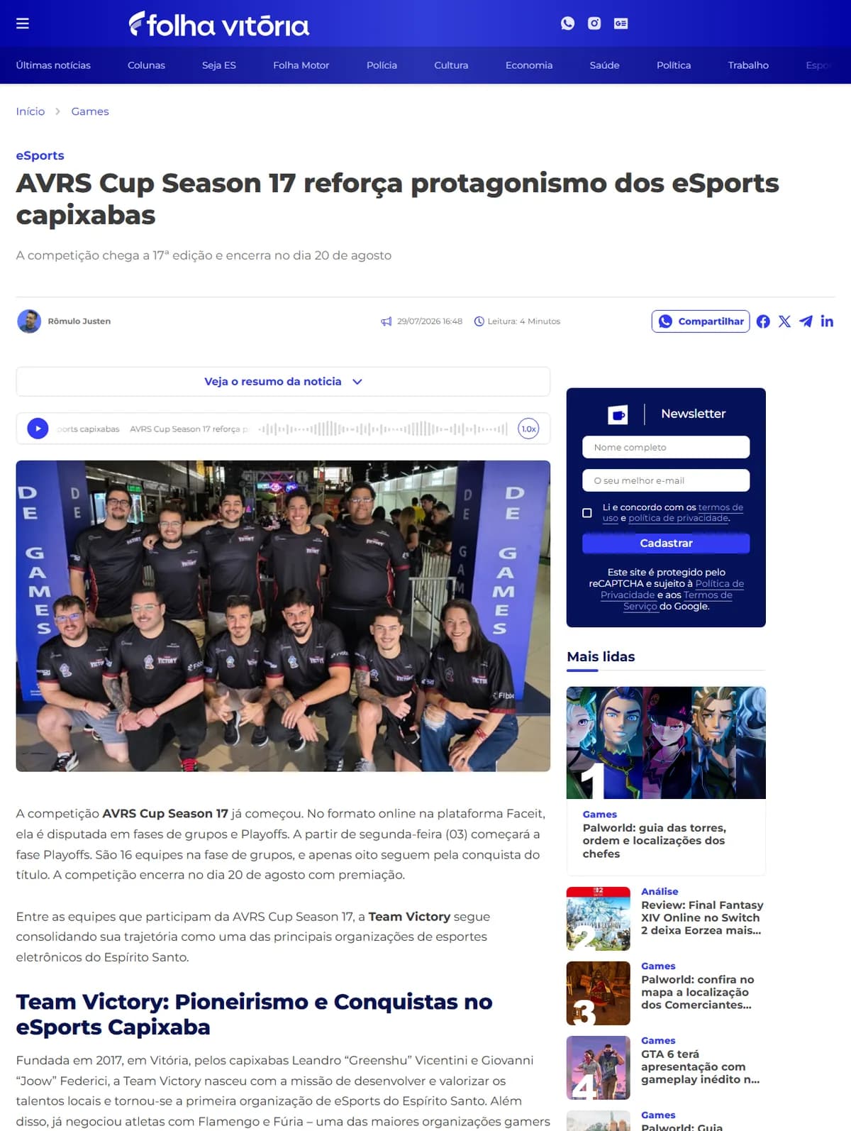 Print da matéria: Team Victory: Destaque no eSports do Espírito Santo
