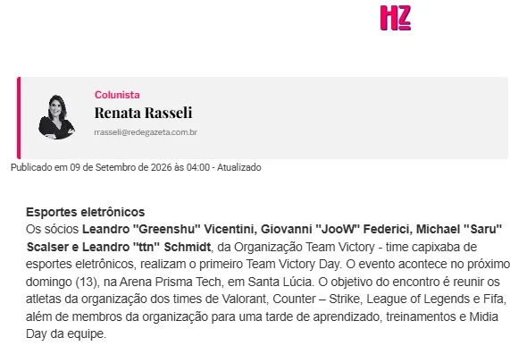 Print da matéria: Coluna social · nota sobre o 1º Team Victory Day