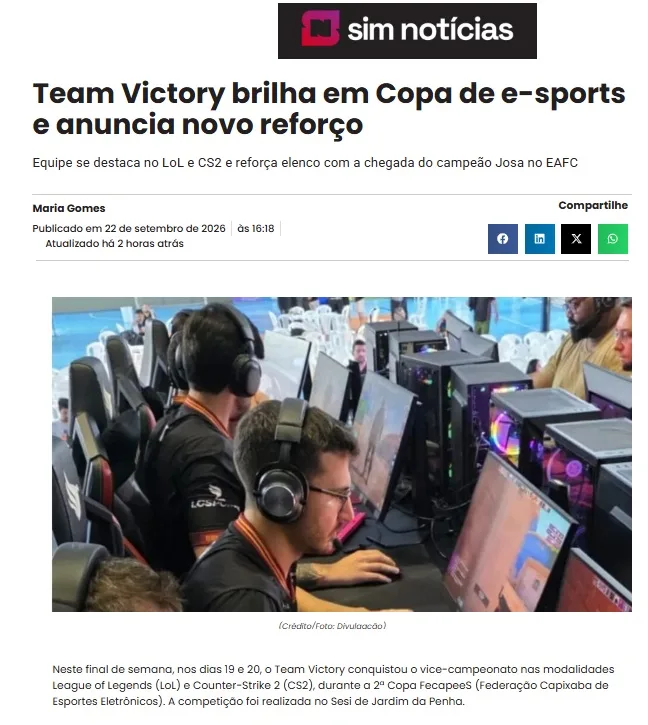 Print da matéria: Team Victory brilha em Copa de e-sports e anuncia novo reforço