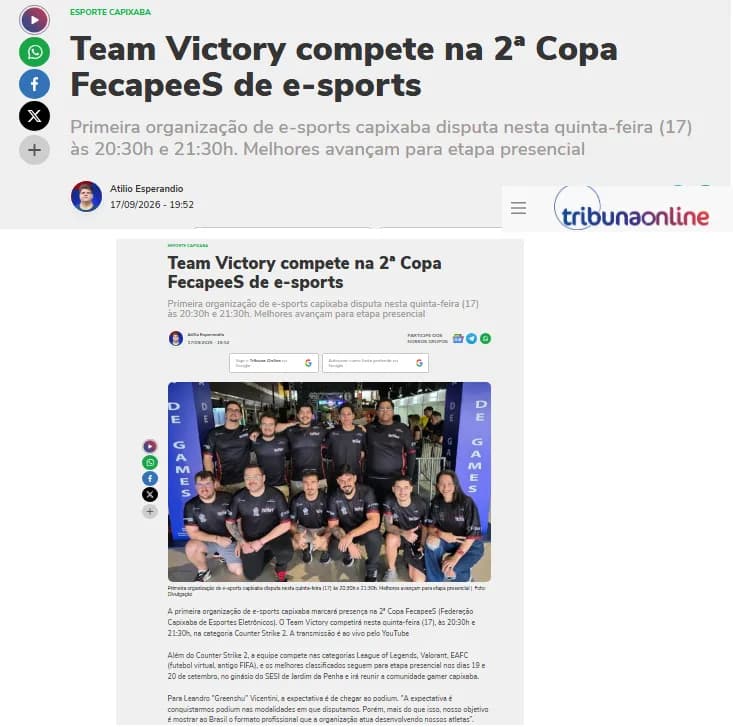 Print da matéria: Team Victory compete na 2ª Copa FecapeeS de e-sports