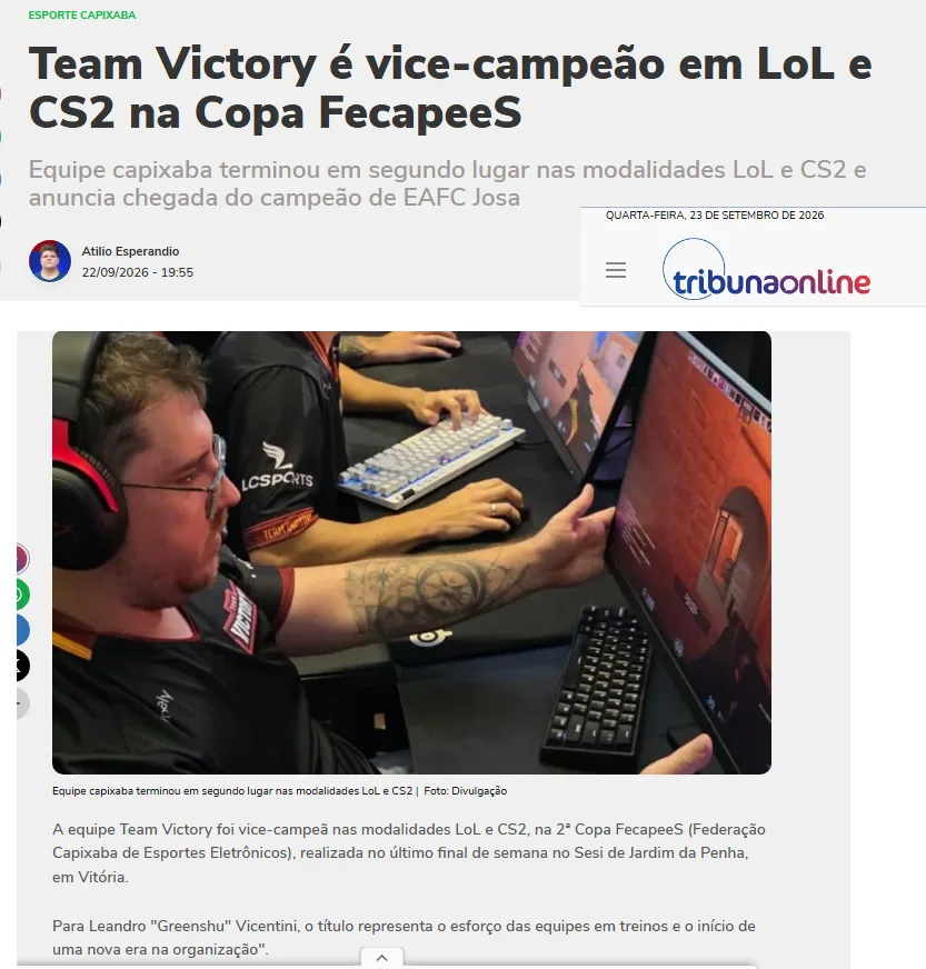 Print da matéria: Team Victory é vice-campeão em LoL e CS2 na Copa FecapeeS